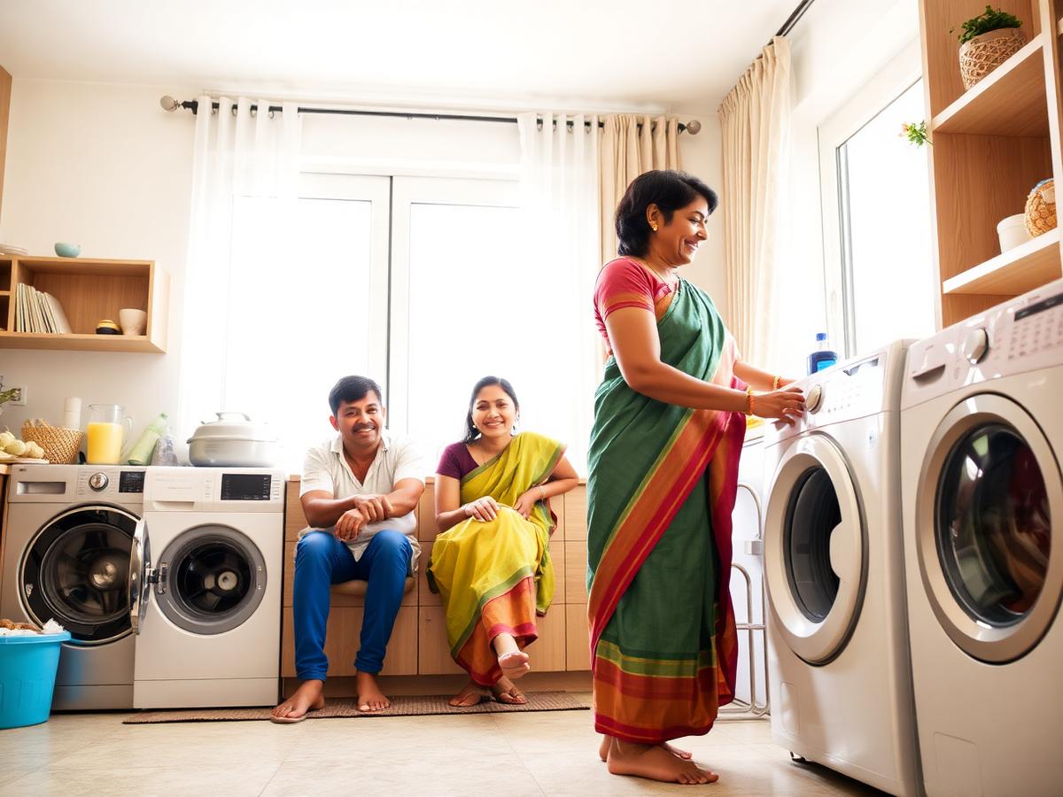Happy family using their repaired washing machine