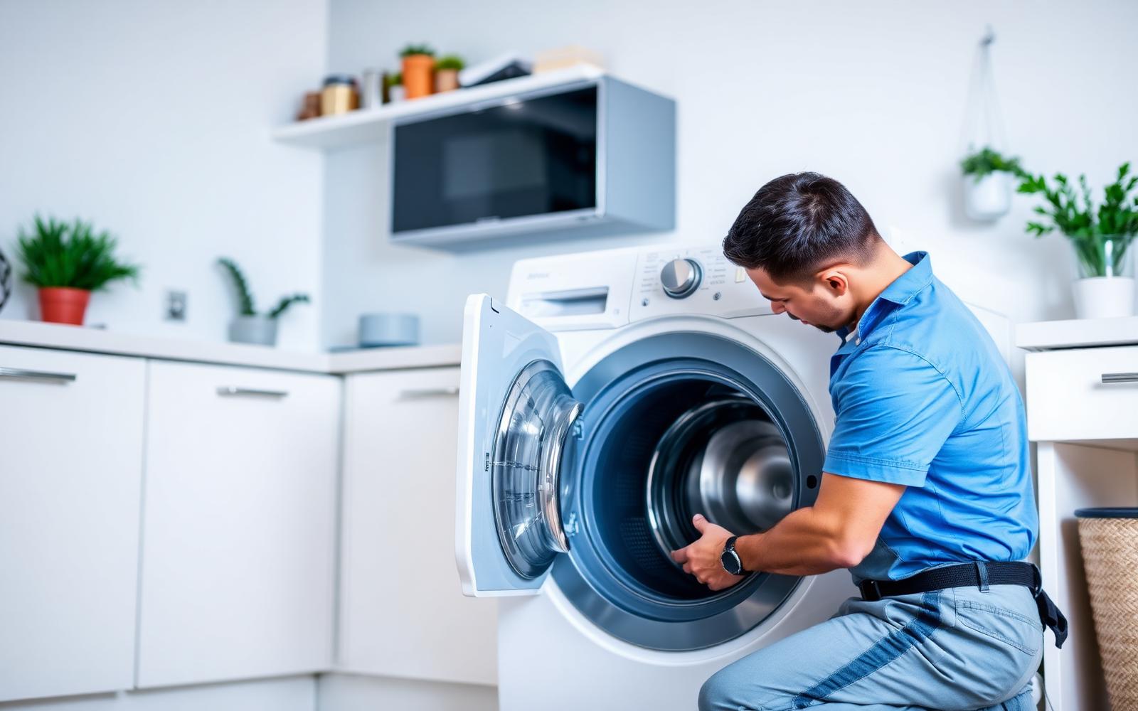 Technician repairing a washing machine at a customer's home